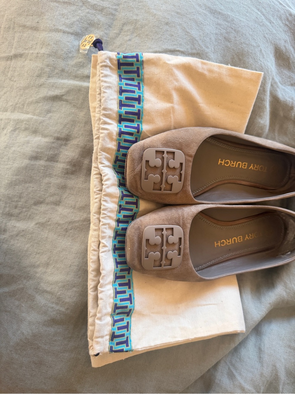 Tory Burch Taupe Suede Logo Ballet Flats